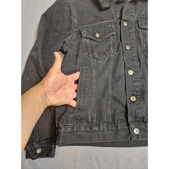 Triot Jacket Womens Large Black Denim Jacket Button Front W/Pockets Sherpa Neck - Picture 3 of 8